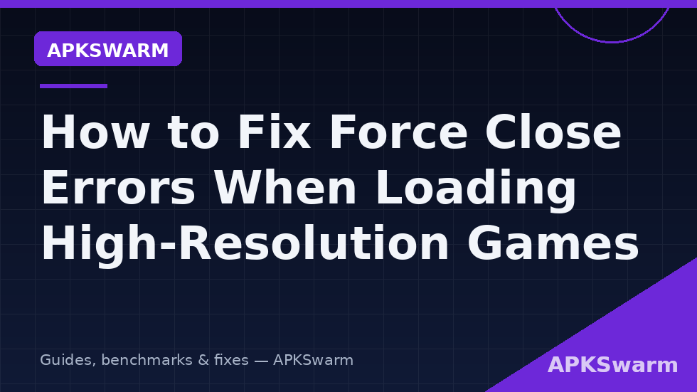 Loading-screen graphic annotated with the four stages where force closes occur and their causes, branded APKSwarm