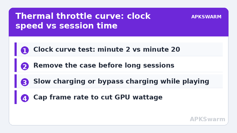 Thermal throttle curve: clock speed vs session time