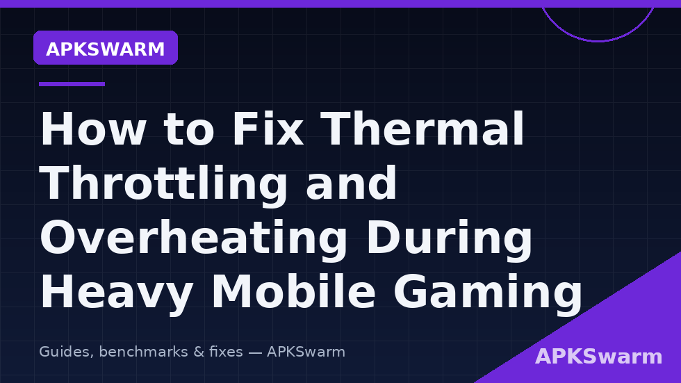 Photo-style illustration of a phone running a demanding 3D game with a temperature and clock-speed overlay sagging over time, branded APKSwarm