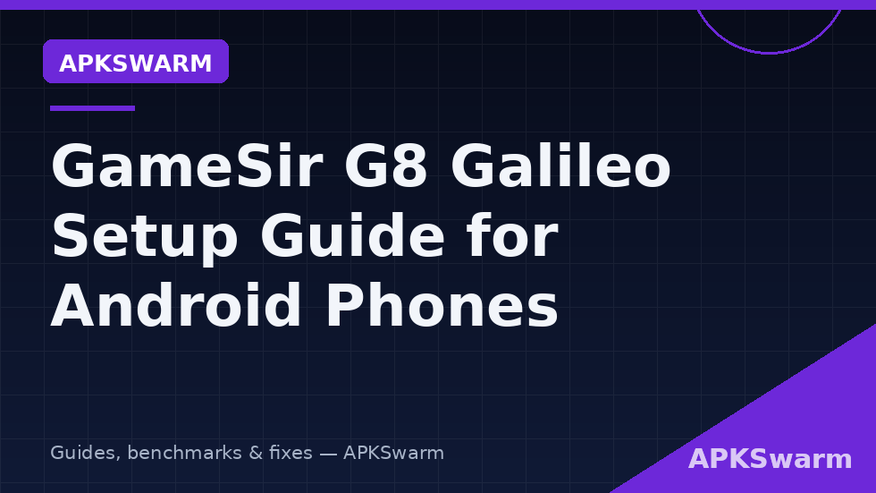 GameSir G8 Galileo Android setup with the telescopic USB-C controller holding a large phone and showing the GameSir app