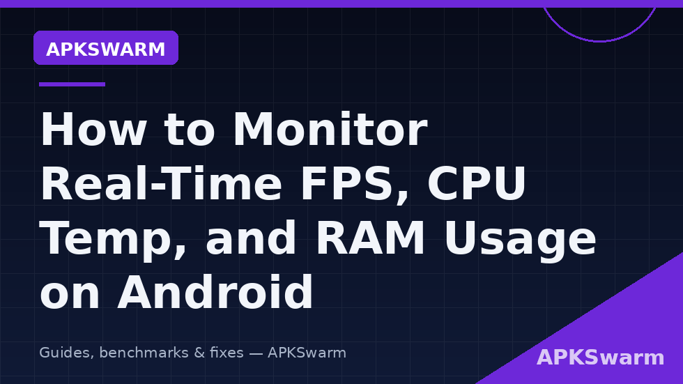 Monitoring dashboard graphic with FPS, frame-time graph, clocks, temperature and RAM panels, branded APKSwarm